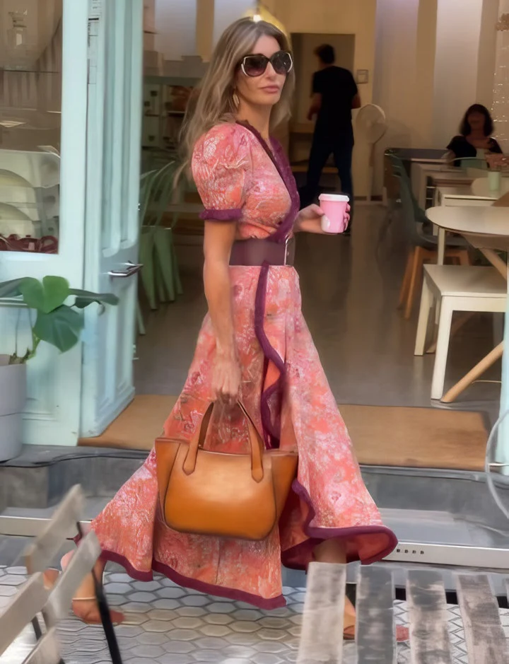 Elske - Roze Maxi Jurk met Korte Mouwen