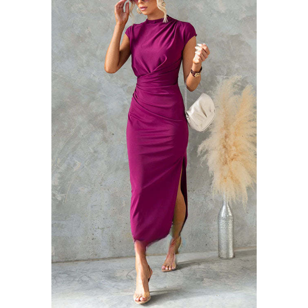 Ursula – Midi Jurk met Ruches en Split