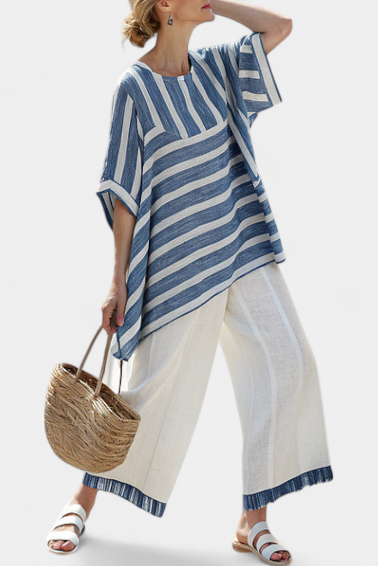 Maud™ | Linnen Set met Blauwe Strepen