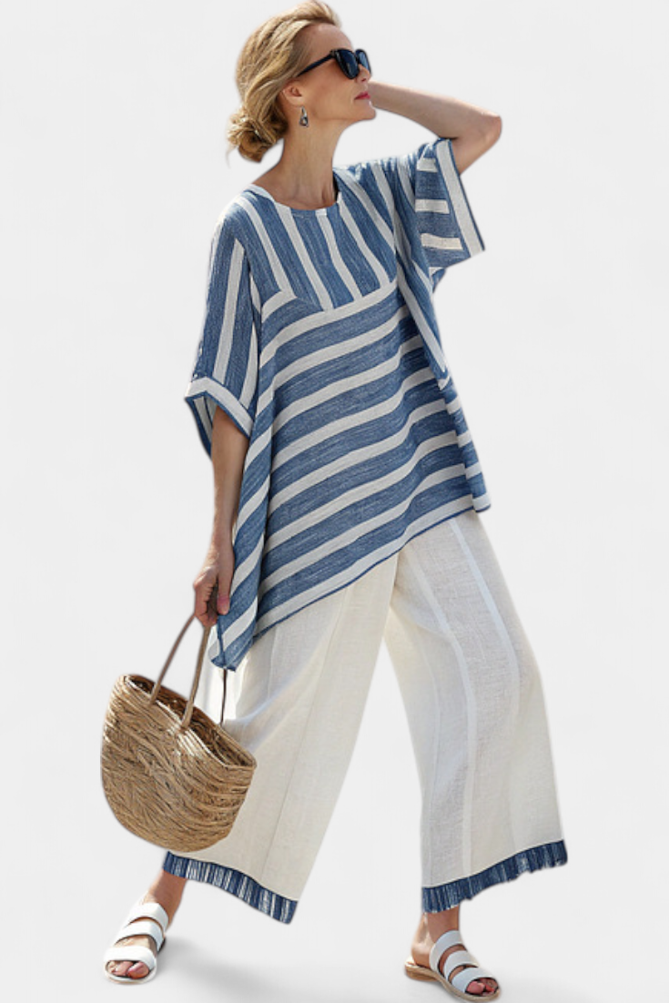 Maud™ | Linnen Set met Blauwe Strepen