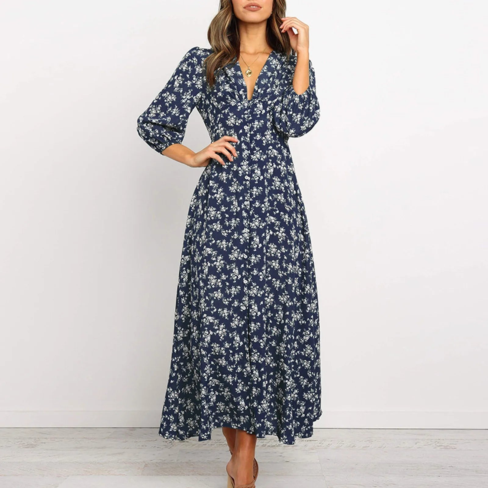 Chloe | Knop Voorkant Bloemen Midi Jurk