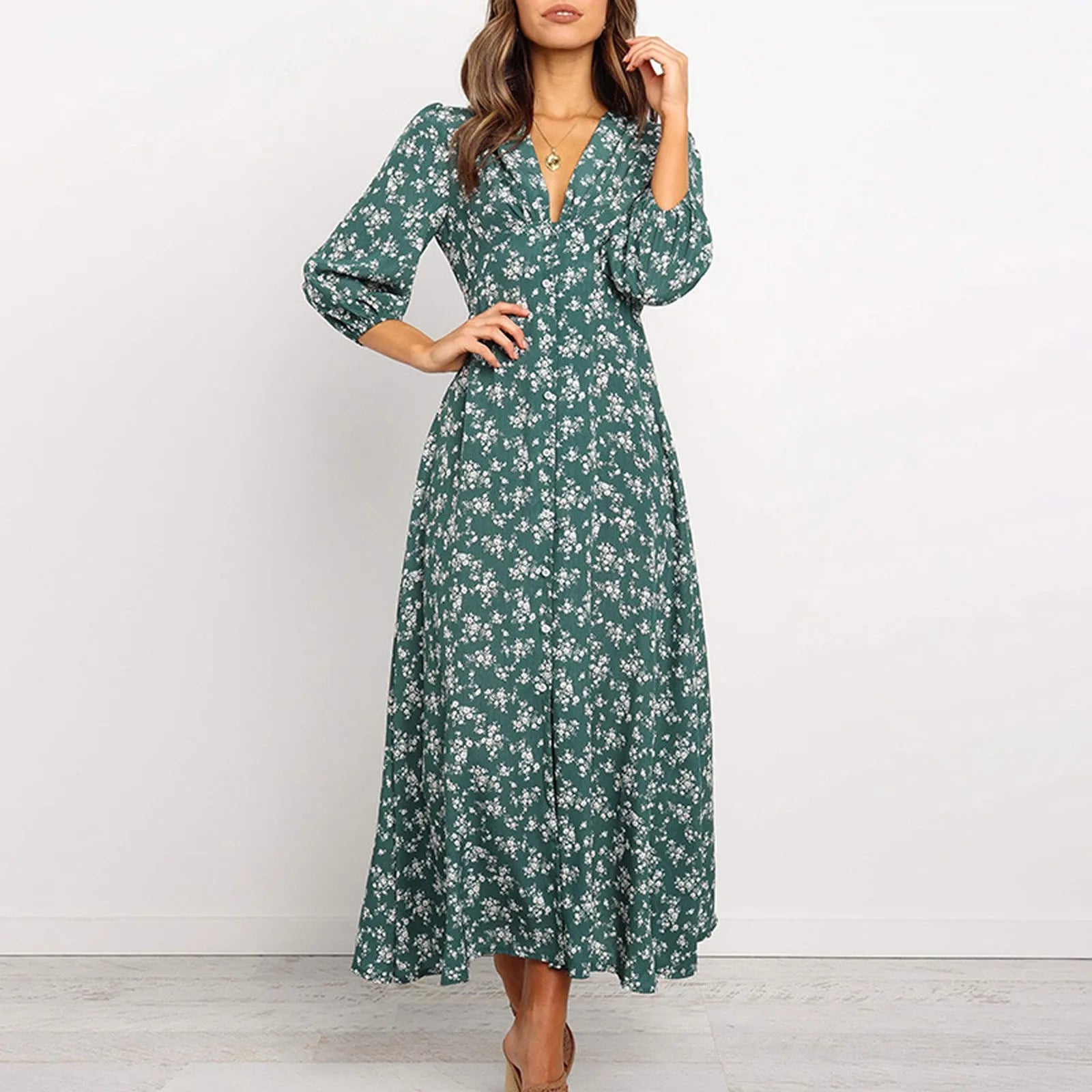 Chloe | Knop Voorkant Bloemen Midi Jurk