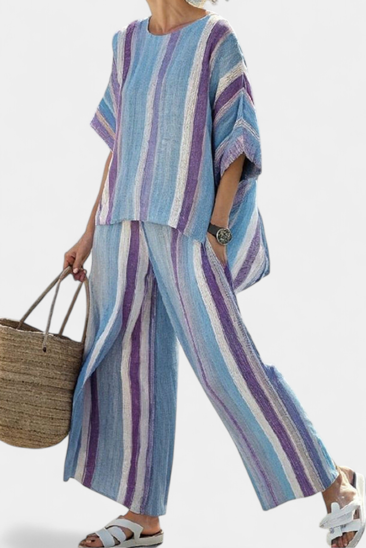 Yara™ | Gestreepte Daisy Set in Malva, Pastelblauw