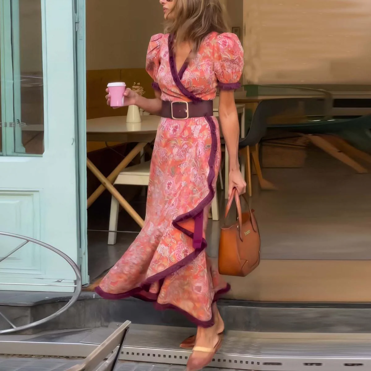 Elske - Roze Maxi Jurk met Korte Mouwen