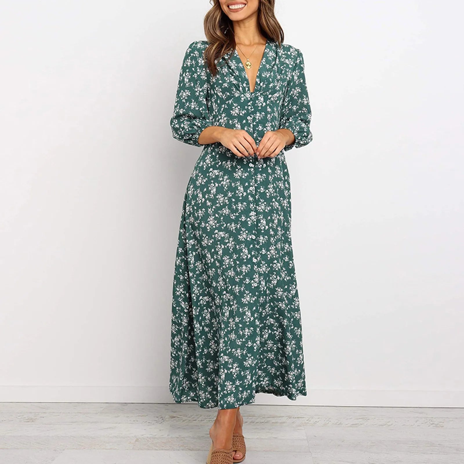 Chloe | Knop Voorkant Bloemen Midi Jurk