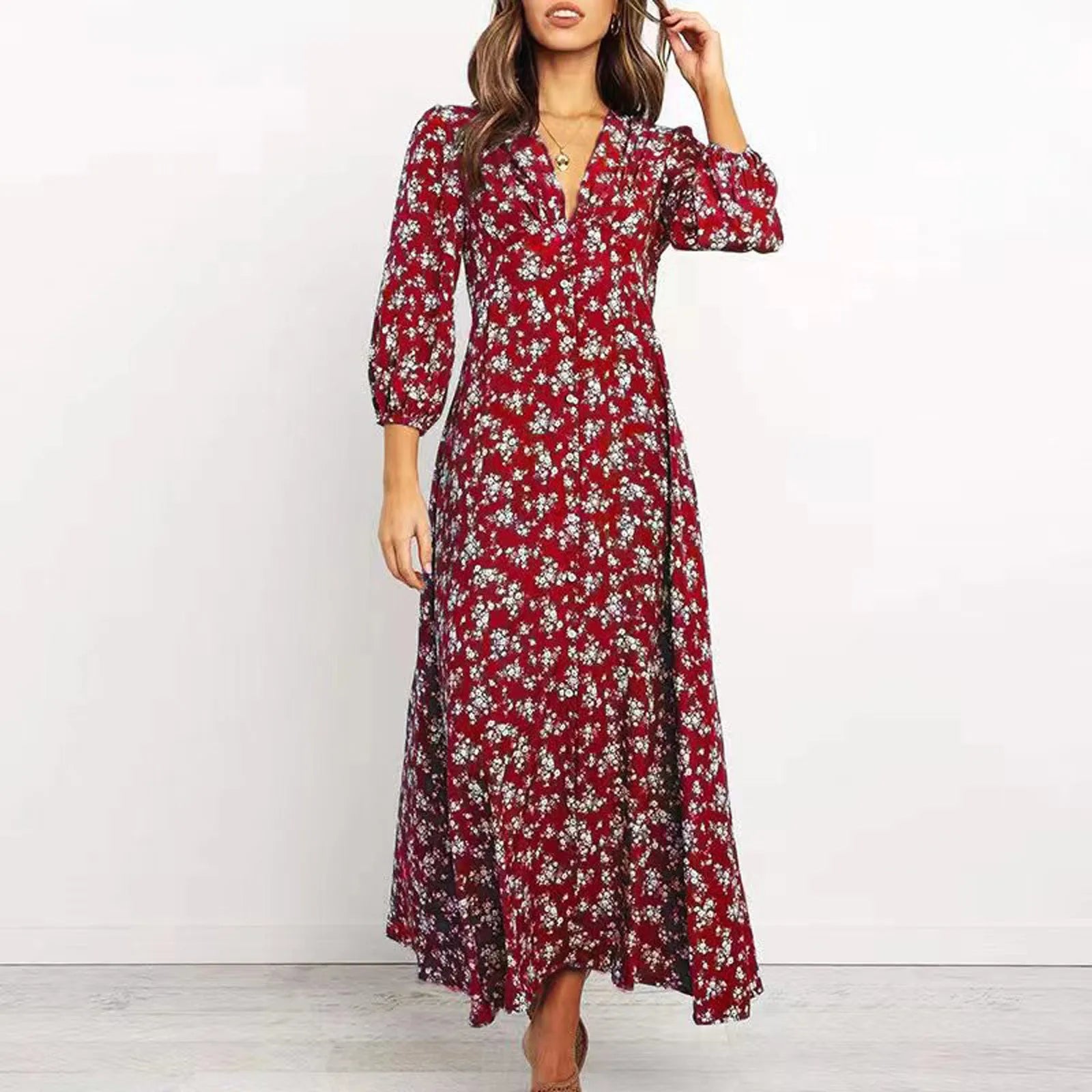 Chloe | Knop Voorkant Bloemen Midi Jurk