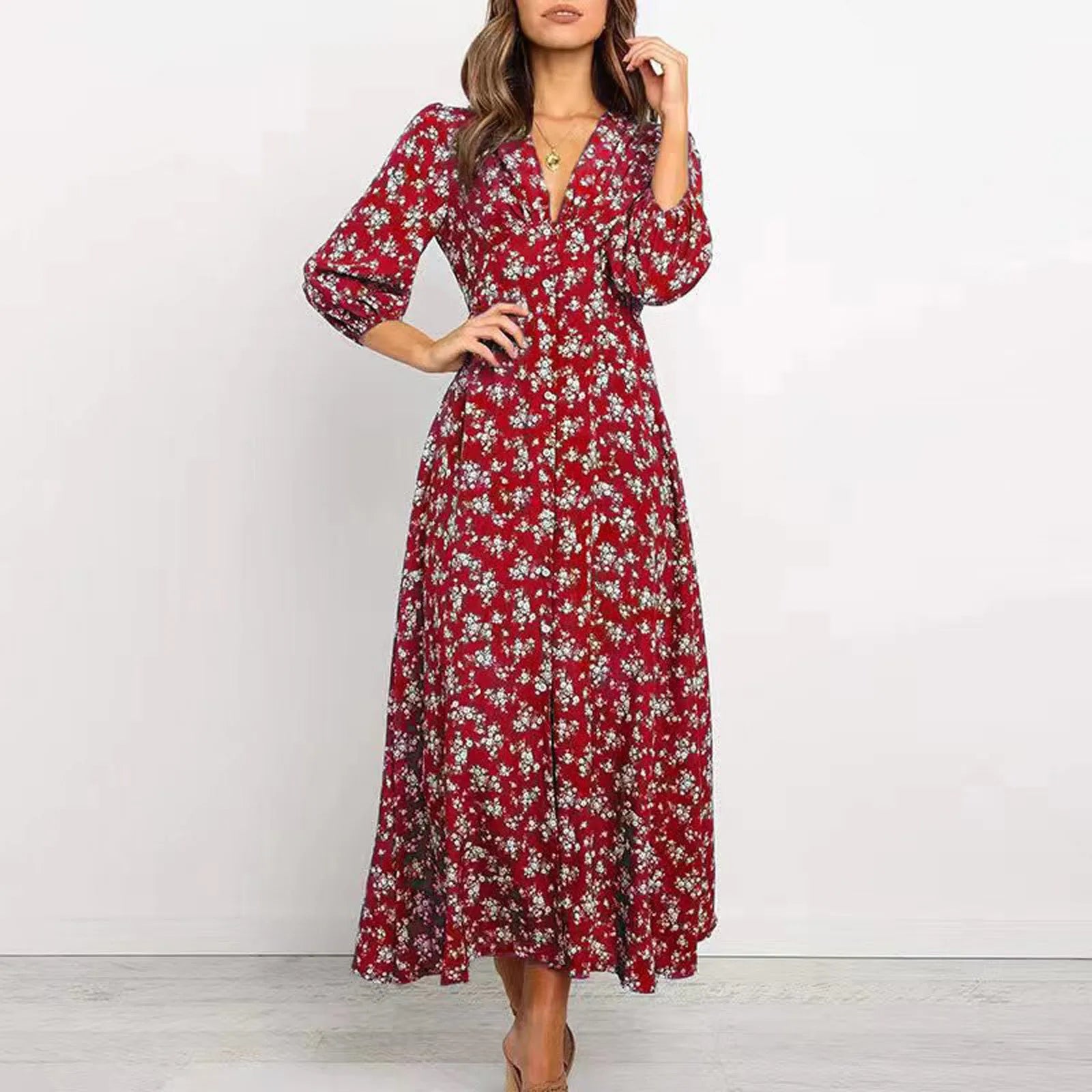 Chloe | Knop Voorkant Bloemen Midi Jurk